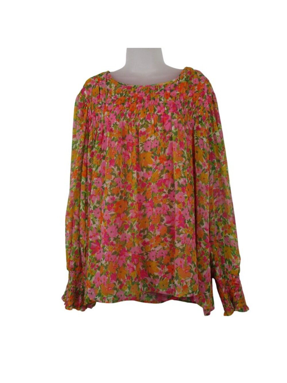 Terra & Sky Floral Print Smocked Blouse 2X W Long Sleeves & Smocked Cuffs Pretty